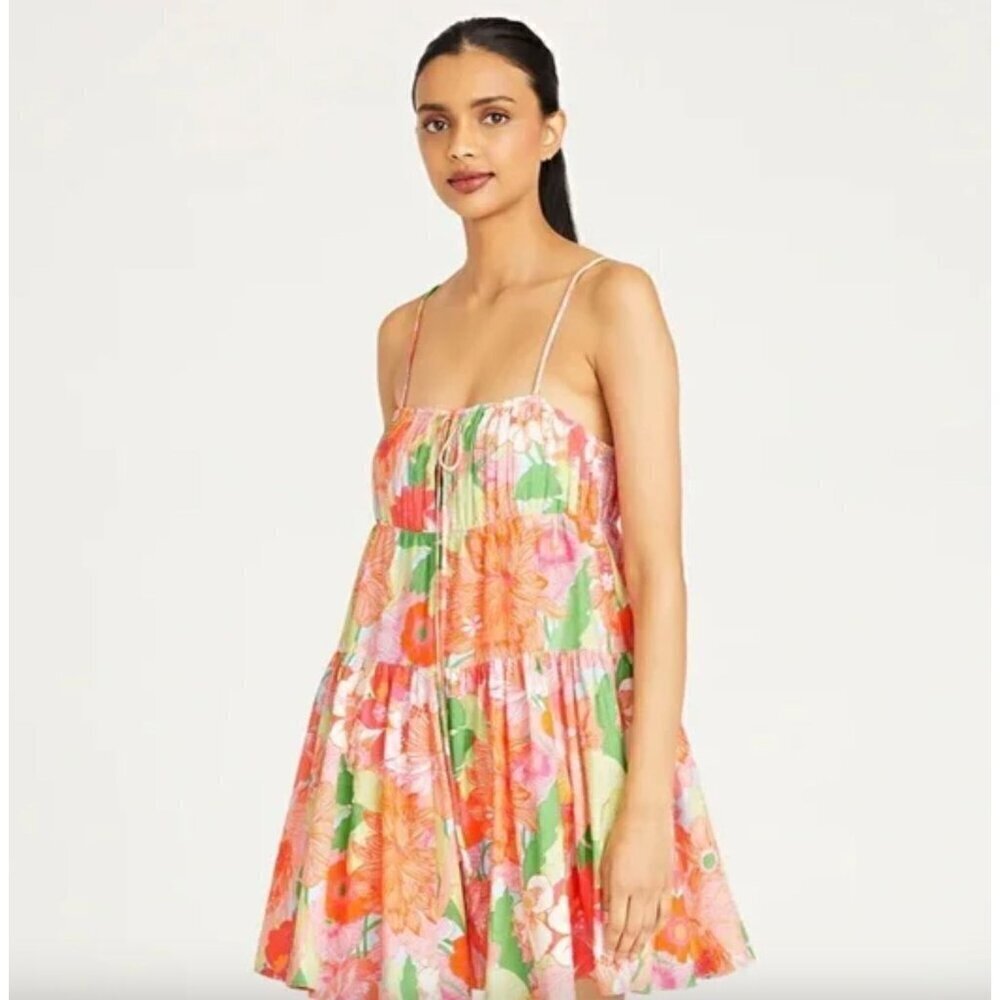 Amur Eriel Linen Blend Mini Dress Stripe Tropical Floral Womens Size 4